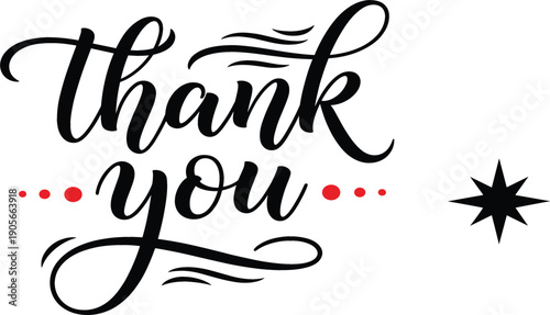 Elegant handwritten thank you calligraphy vector illustration with decorative flourishes red dots and black star element isolated on white background for greeting cards
