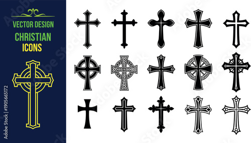 Collection of ornate Christian cross icons in gothic, Celtic, and decorative vector styles