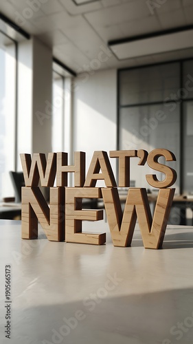 Wooden Whats New Sign on Office Table with Modern Interior Background