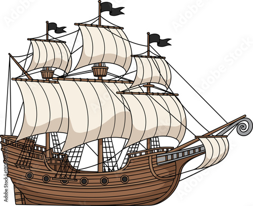 Classic Cartoon Pirate Ship Illustration With White Sails And Black Flags For Nautical Adventure Maritime History Or Treasure Hunt Concept Vector Art Isolated On White