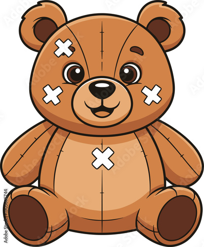Cute Cartoon Teddy Bear Mascot Character With Bandages And Stitches For Childhood Injury Or Get Well Soon Concept Vector Illustration Isolated On White
