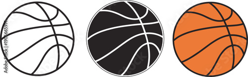 Set of Three Basketball Icons Featuring a Minimalist Line Art Design a Solid Black Version and a Realistic Orange Ball with Classic Black Ribs Isolated on White Background for Sports Graphics and Logo