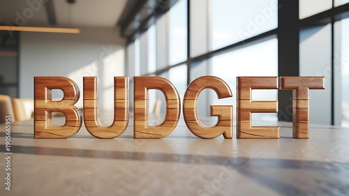 Wooden budget letters on a table in a modern office space with large windows