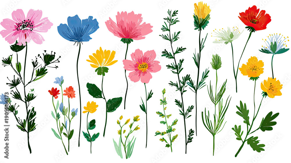 A vibrant spring garden pattern featuring a seamless floral vector illustration of colorful tulips, roses, and poppies with green leaves for an artistic nature background design