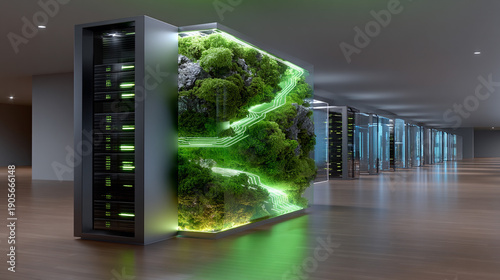 A modern data center integrates lush green nature and glowing circuits for sustainable and eco-conscious technology.