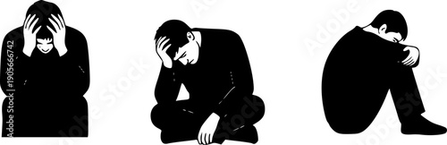 Vector collection of black silhouettes featuring men standing and bending in sad, tired, and depressed poses isolated on white background.
