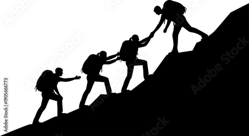 Vector silhouette of hikers climbing steep mountain, team helping each other reach summit, leadership and teamwork success concept isolated.
