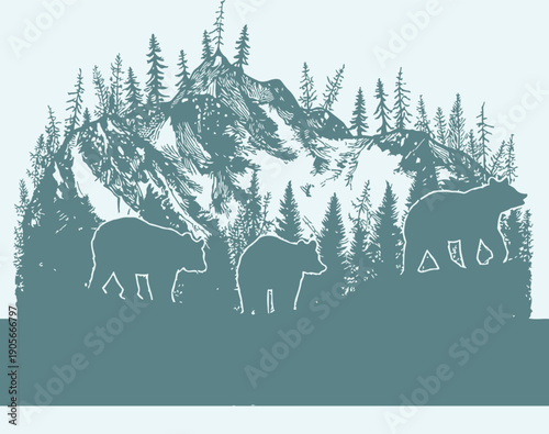 Mother bear and cub walking through forest landscape with pine trees