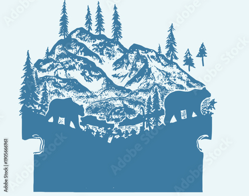 Blue silhouette of snowy mountains and pine trees on white background