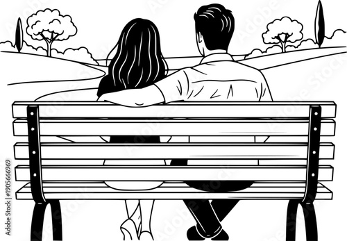 Couple sitting on a park bench viewed from the back simple illustration
