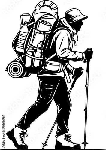 Backpacker with full equipment and supplies a striking line art silhouette
