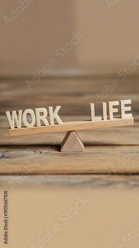 A wooden seesaw with work and life balance on a rustic wooden surface indoors