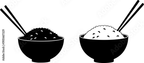Two steaming bowls of rice with chopsticks a minimalist design silhouette
