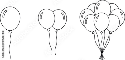 Set of line-drawn party balloons showing single, double, and bouquet bunch arrangements