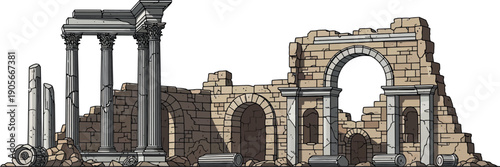 Vector illustration of an ancient Roman city ruins, isolated on white background