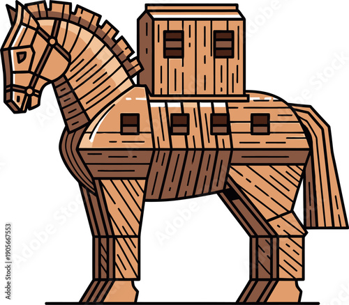Vector Illustration of A Wooden Trojan Horse, Isolated On White Background