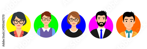 Flat avatar illustration set of diverse people characters with different hairstyles, professions, and expressions. Modern colorful design style, friendly and professional look, isolated on white backg