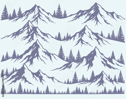Snowy mountain landscape with pine trees