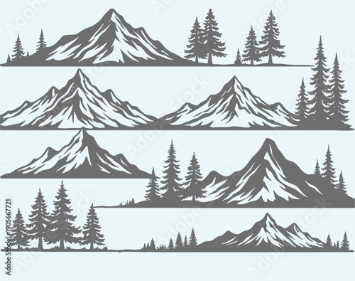 Mountain ranges with pine trees in a vintage illustration style