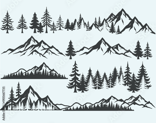 Black silhouette mountain and tree landscape icons
