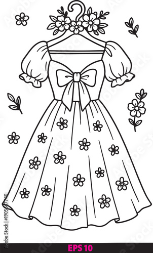 Black and white of a dress with flowers on a hanger line EPS 10