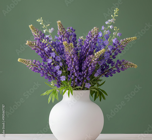 Beautiful purple lupines in a white vase on a table
