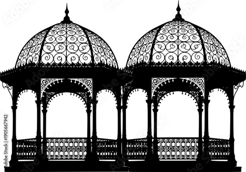 Two ornate gazebo structures depicted in a stark black silhouette
