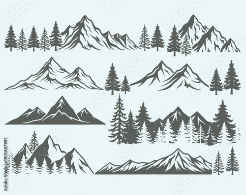 Mountain ranges with pine trees in a line drawing style
