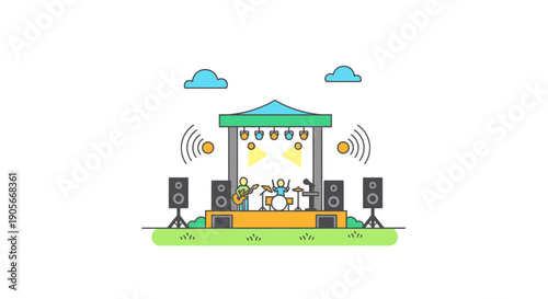 A vibrant outdoor music festival scene with band performing on stage under fluffy clouds