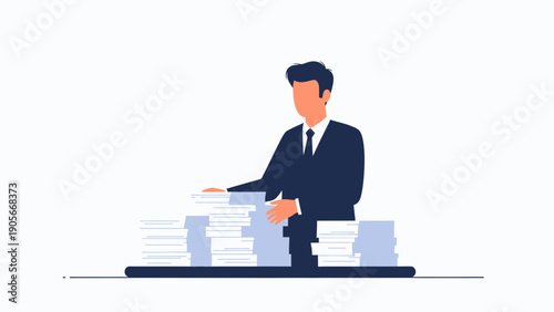 Businessman with stack of documents, paperwork, workflow, office work concept