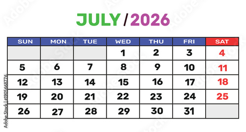 July 2026 calendar with colorful headings and dates