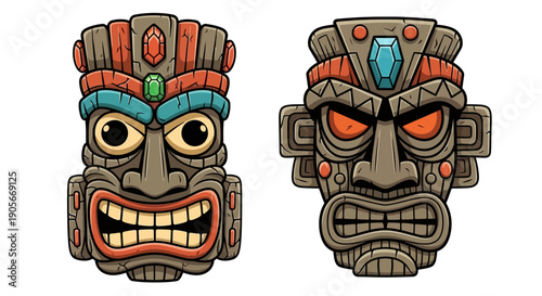Cartoon tiki mask vector illustration, Hawaii totem face, stone tribal Aztec warrior head, isolated on white. Tropical maya native culture sculpture, primitive traditional art. Ritual tiki mask, jewel