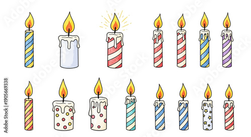 Birthday cake candle cartoon set, vector hand drawn party celebration decor doodle illustration. Congratulation postcard wax burning light, hand drawn color pencil texture. Cake candle greeting print