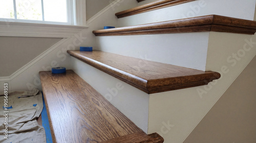 Ascending artistry of a freshly renovated staircase, where lustrous oak meets bright white in a home bathed in soft light