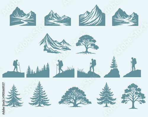 Collection of blue silhouette icons featuring mountains trees and hikers