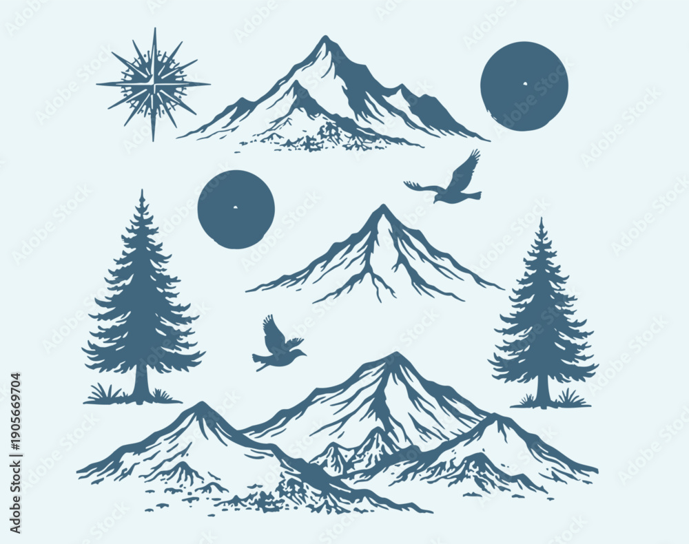 Obraz premium Mountain landscape with pine trees birds and celestial bodies