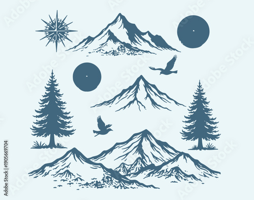 Mountain landscape with pine trees birds and celestial bodies