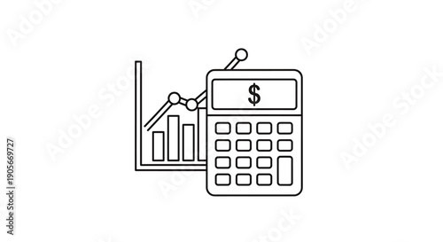 Black line icon of a calculator with a dollar sign and a bar graph showing financial growth and data analysis.