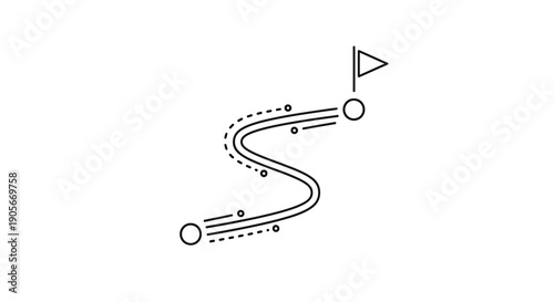 A minimalist line art illustration depicting a winding journey or path from a starting point to a flagged destination.