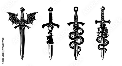 Fantasy sword tattoo set, vector linocut magic blade, dragon wings, fairy tale silhouette collection. Mystic legend snake print, spiritual medieval logotype, witchcraft sign. Sword tattoo black design