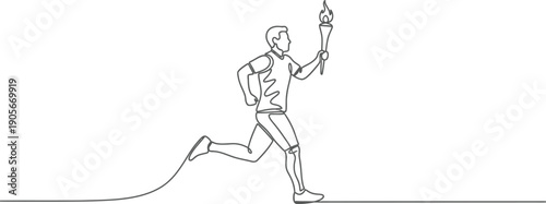 Athletic runner carrying a blazing torch in a continuous one line drawing symbolizing the spirit of competition and the Olympic relay race