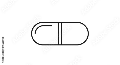 Simple black and white line art icon of a pharmaceutical capsule, representing medicine or drugs.
