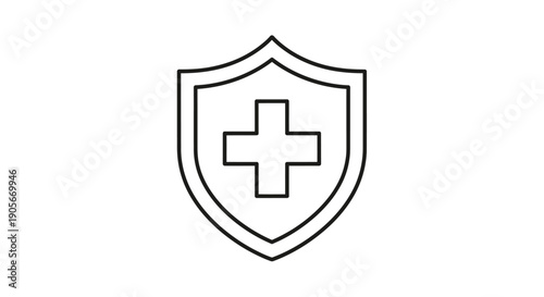 A simple black and white line art icon depicting a shield with a medical cross symbol in the center, representing health and protection.