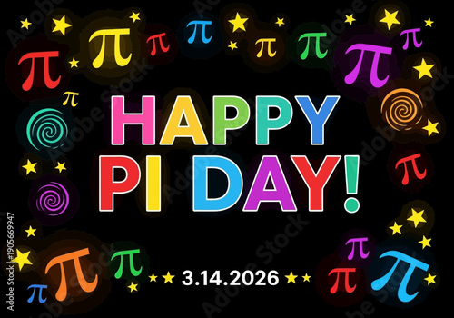 Happy pi day celebration with colorful pi symbols and stars