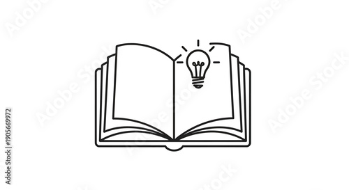 Line art illustration of an open book with a glowing lightbulb, symbolizing knowledge, ideas, and learning.