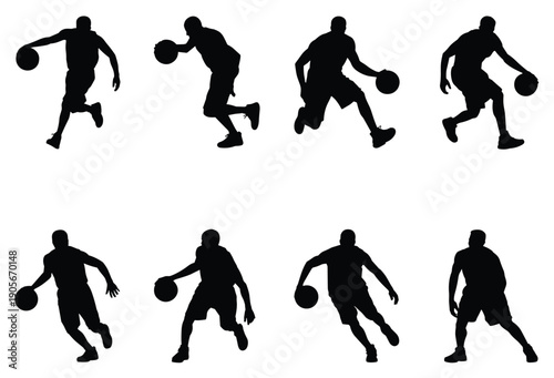 Basketball Dribbling Action Silhouettes: Black Vector Icon Set of Athletes Performing Dynamic Drills and Professional Moves