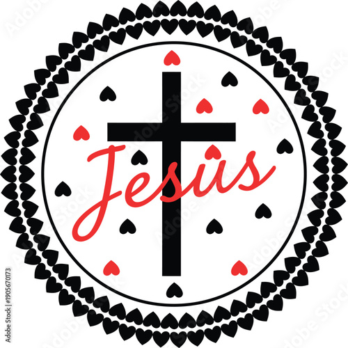 Christian Cross With Jesus Script And Heart Circle Design