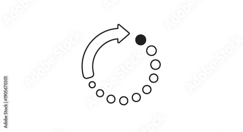 A black and white graphic icon depicting a circular arrow with a series of dots, one of which is filled, symbolizing loading or a cyclical process.