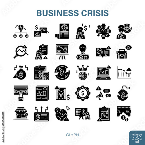 Business Crisis Glyph Icon Set. financial, loss, failure, project, economic, downturn, management, finance, risk