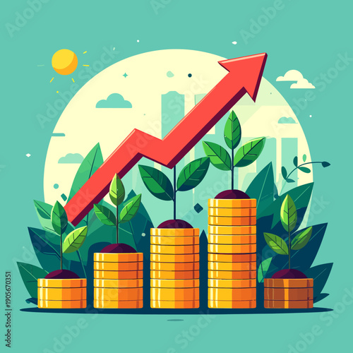 Flat design vector illustration shows investment growth concept with upward arrow graph rising